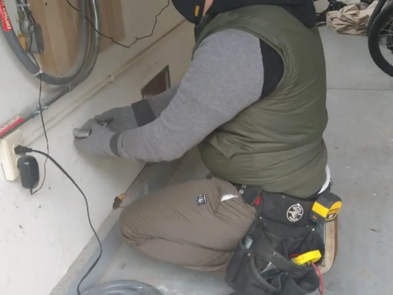Electrician performing outlet wiring in a Stony Point garage